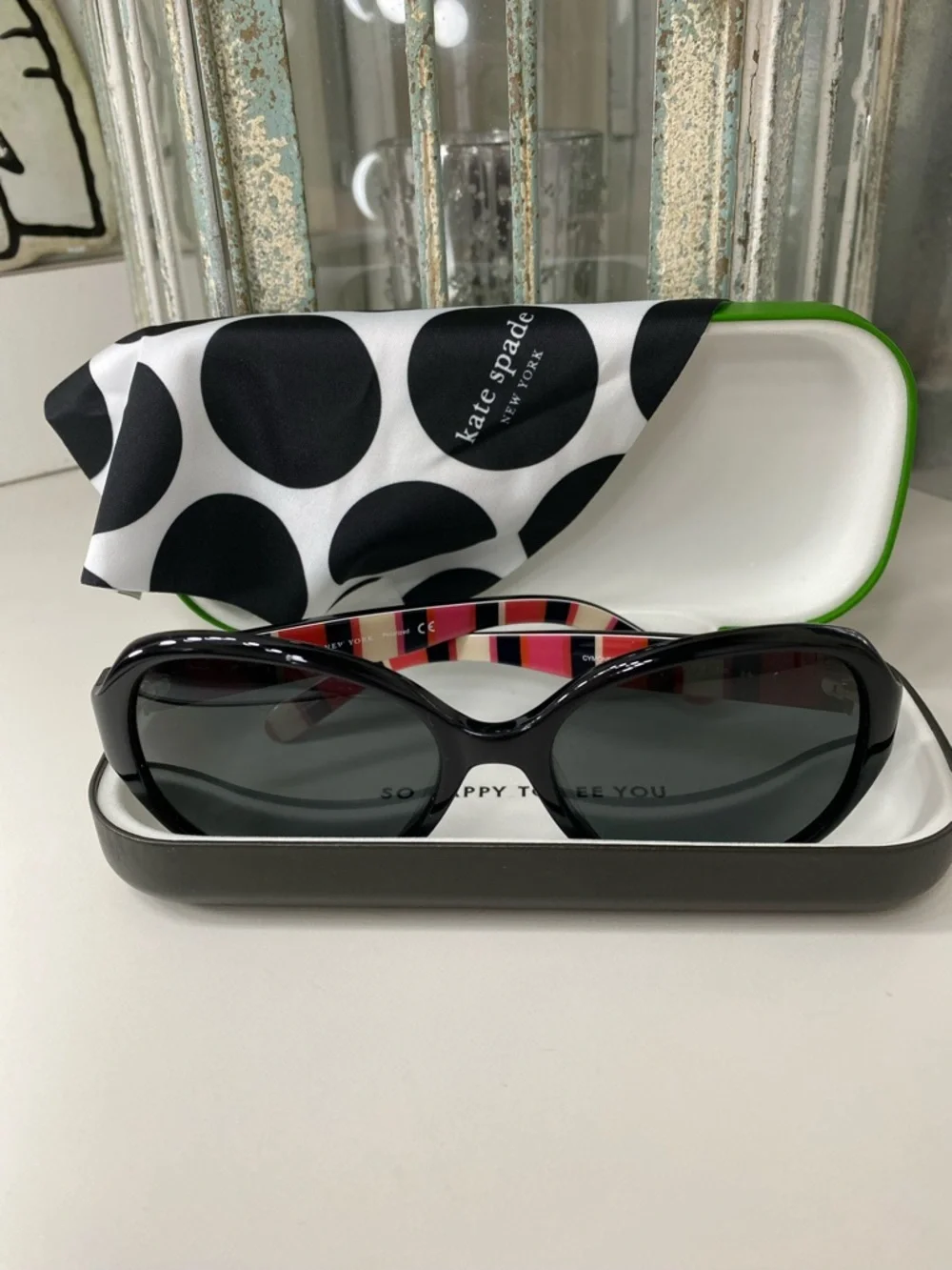 kate spade Black Oval Sunglasses with Multicolor Striped Temples EUC
